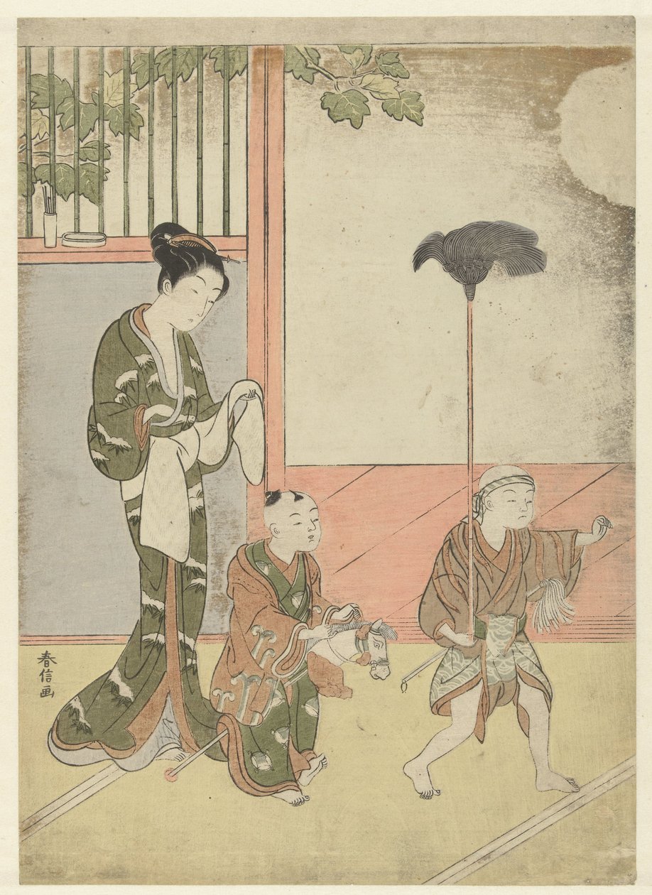 Mujer y niños pequeños jugando de Suzuki Harunobu