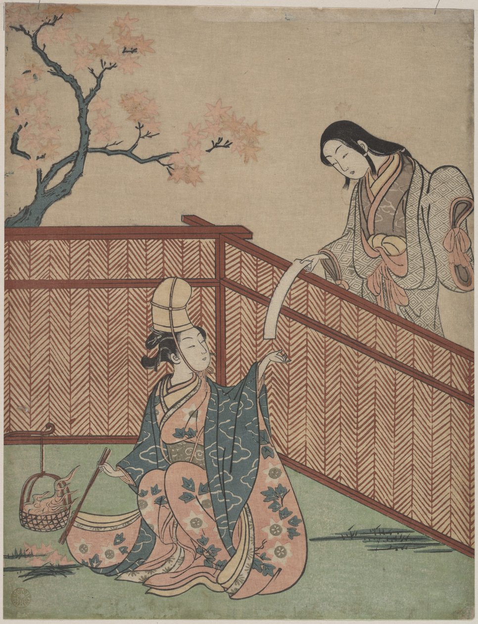 Calentar el sake junto al fuego de Maple Leaf de Suzuki Harunobu