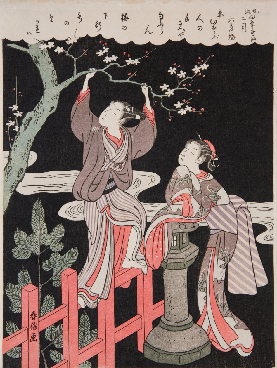 Primavera (febrero). Un joven arranca una rama de un ciruelo en flor para su amada, de la serie: Poemas elegantes de las cuatro estaciones / Fūryū shiki kasen de Suzuki Harunobu