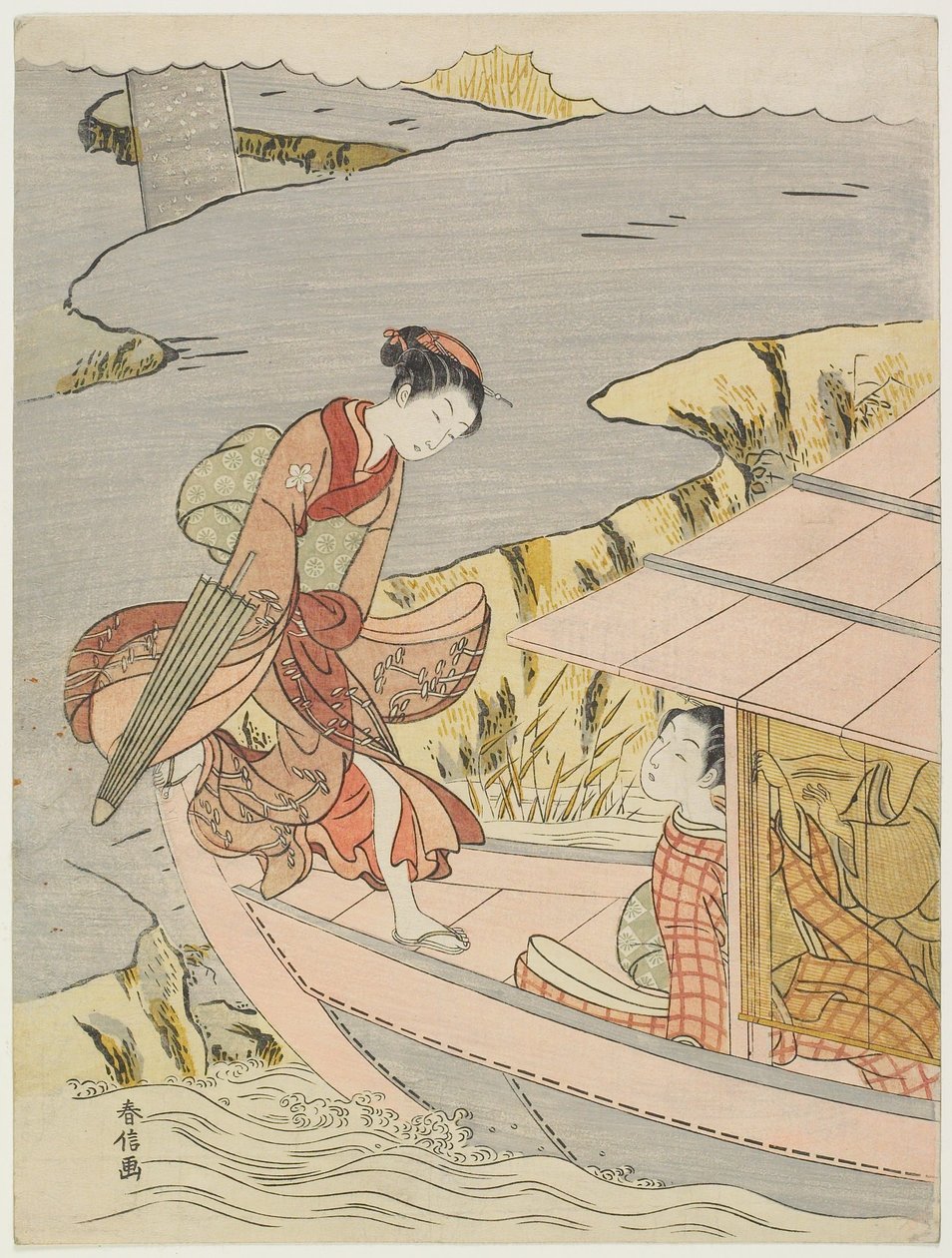 Mujer subiendo a una barca de Suzuki Harunobu