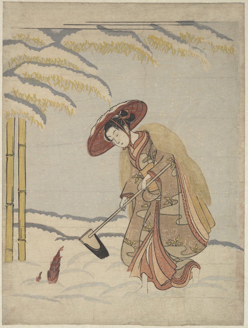 Mujer desenterrando brotes de bambú en la nieve, o parodia de Meng Zong (Mōsō), de los Veinticuatro modelos de piedad filial de Suzuki Harunobu