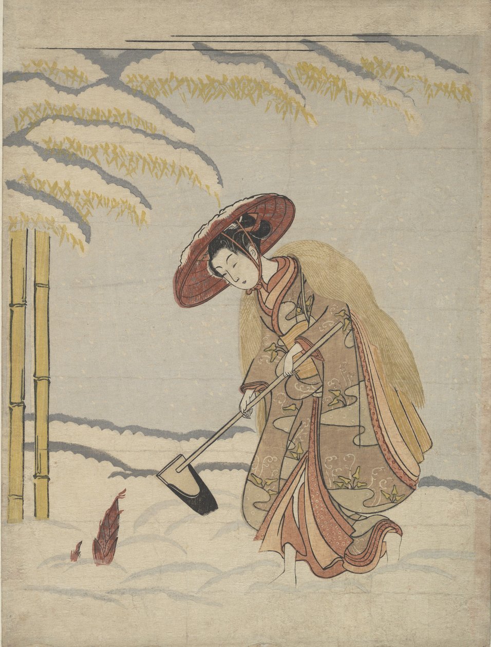 Mujer Cavando Brotes de Bambú en la Nieve, o Parodia de Meng Zong Moso, de Veinticuatro..., ca. 1765 de Suzuki Harunobu