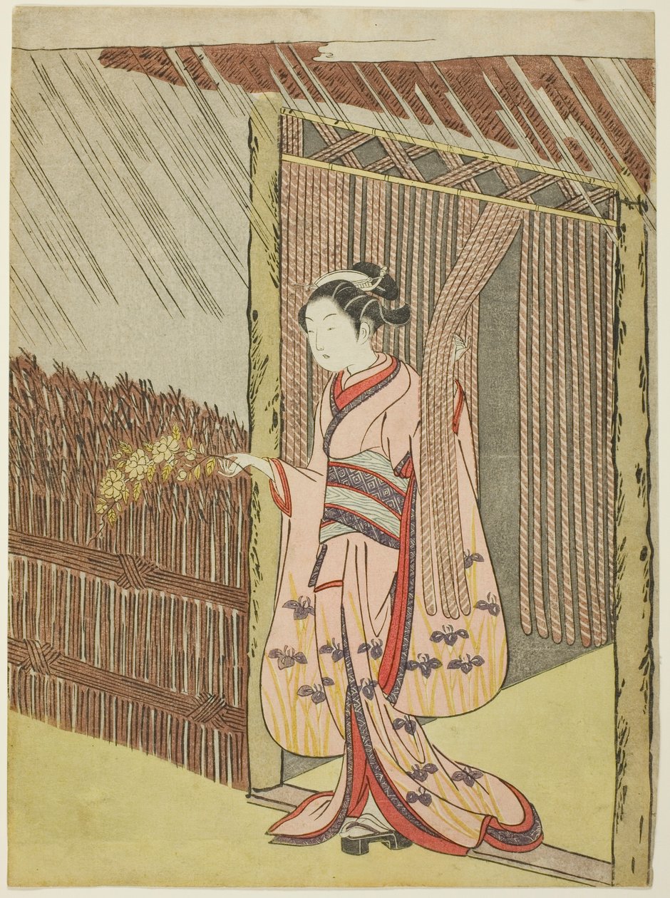 Mujer sosteniendo una rama de flores de Kerria bajo la lluvia (parodia de Ota Dokan) de Suzuki Harunobu