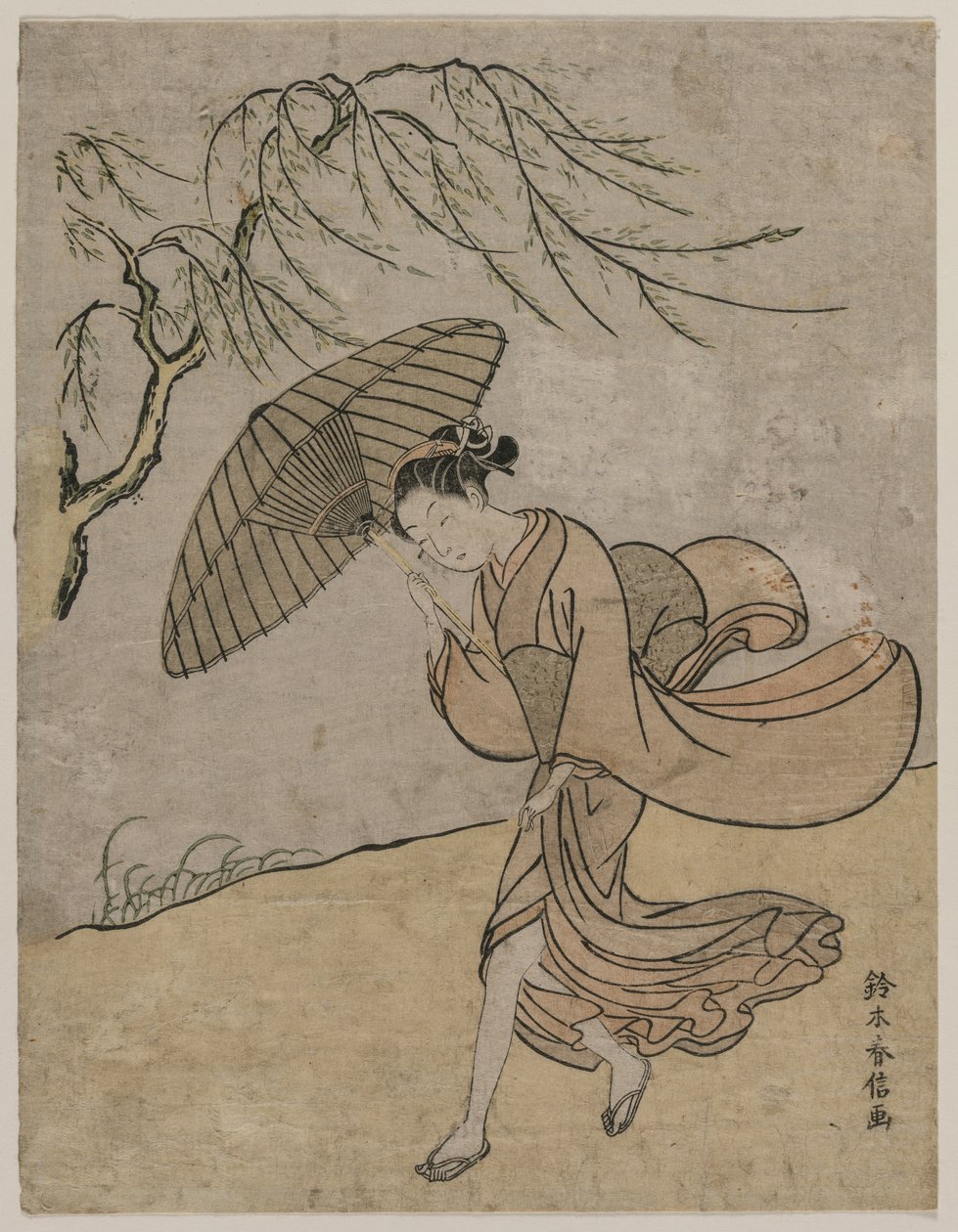 Mujer corriendo junto a un sauce en una brisa de Suzuki Harunobu