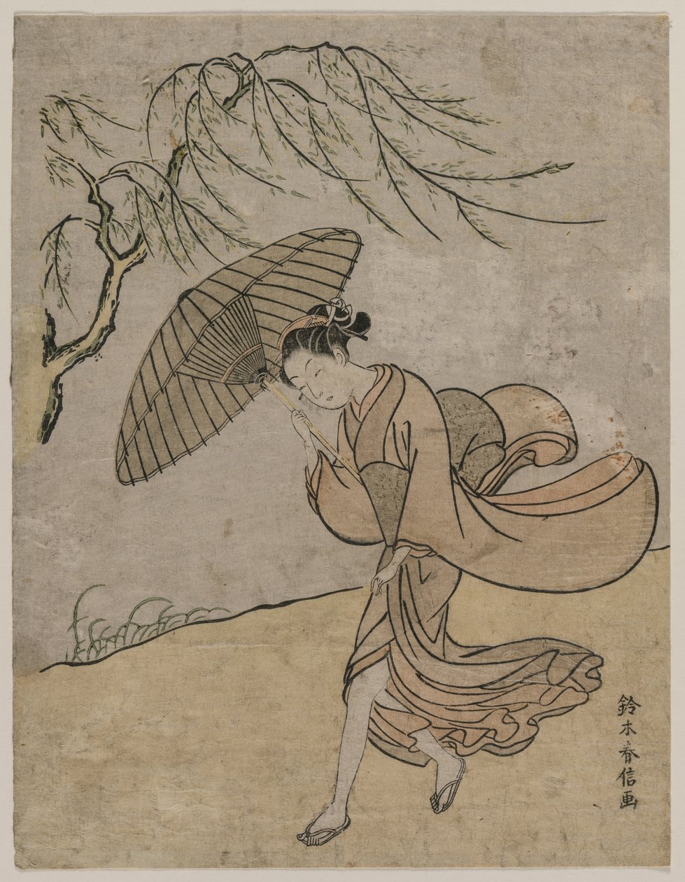 Mujer corriendo junto a un sauce en una brisa, 1766 o 1767 de Suzuki Harunobu