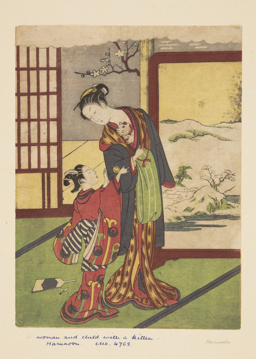 Mujer y niño con gatito de Suzuki Harunobu