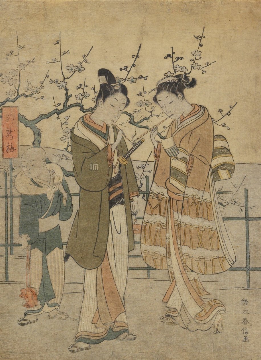 Joven pareja encendiendo pipas junto al ciruelo del dragón dormido de Suzuki Harunobu