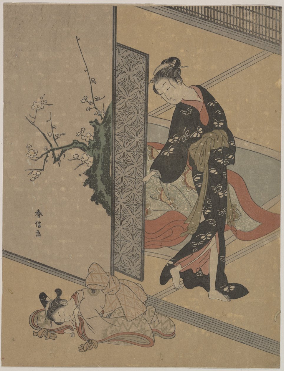 Joven dama mirando a través de la puerta a su kamuro (pequeña sirvienta), que duerme en el suelo de Suzuki Harunobu