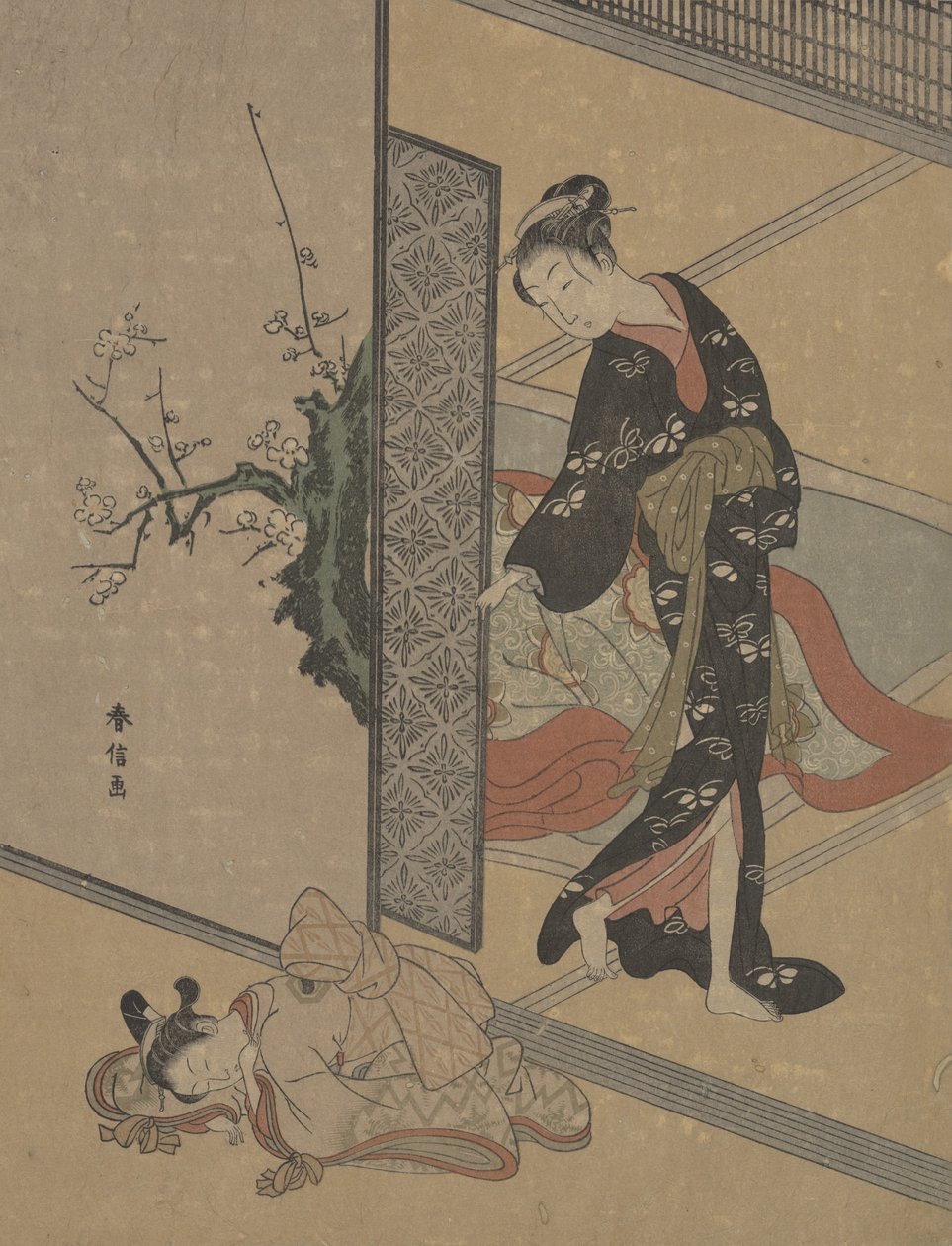 Joven dama mirando a través de la puerta a su pequeña sirvienta Kamuro que duerme en el suelo de Suzuki Harunobu