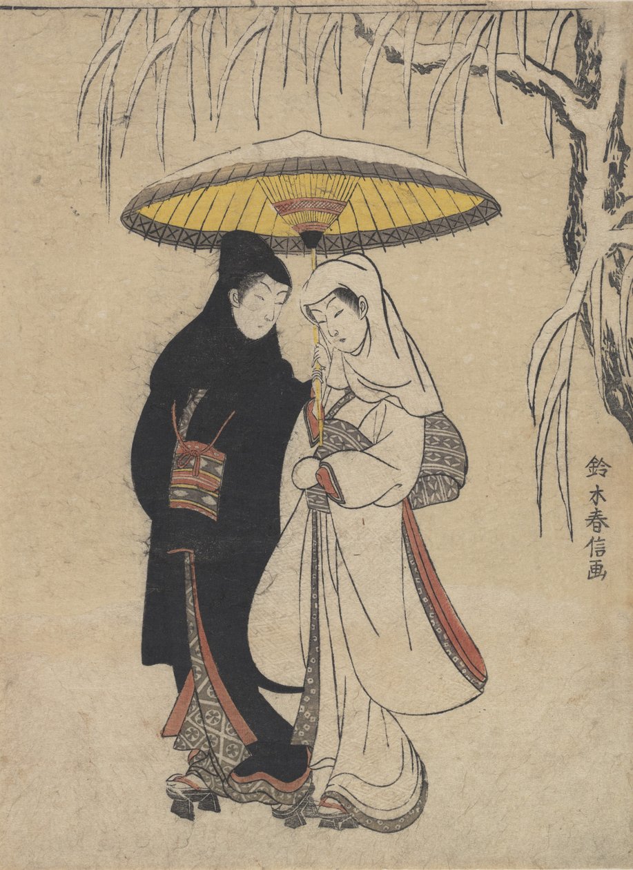 Jóvenes amantes caminando juntos bajo un paraguas en una tormenta de nieve, cuervo y garza, ca. 1769 de Suzuki Harunobu