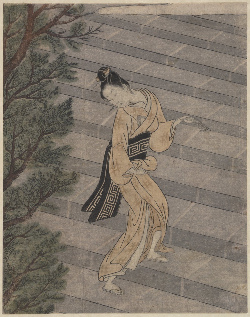 Joven subiendo escalones de piedra hacia un templo sintoísta de Suzuki Harunobu
