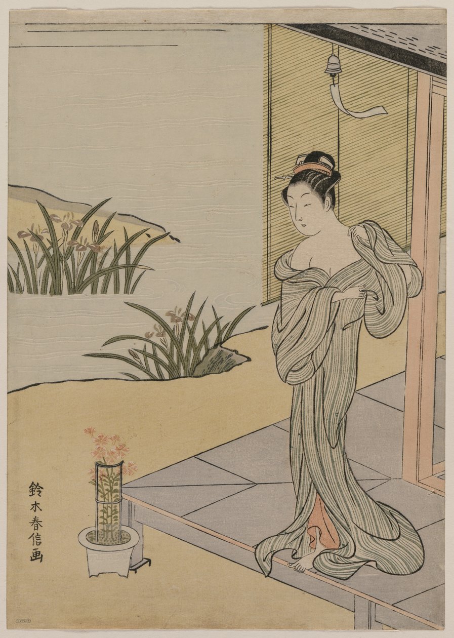 Joven mujer mirando una maceta de claveles, c. 1767 de Suzuki Harunobu
