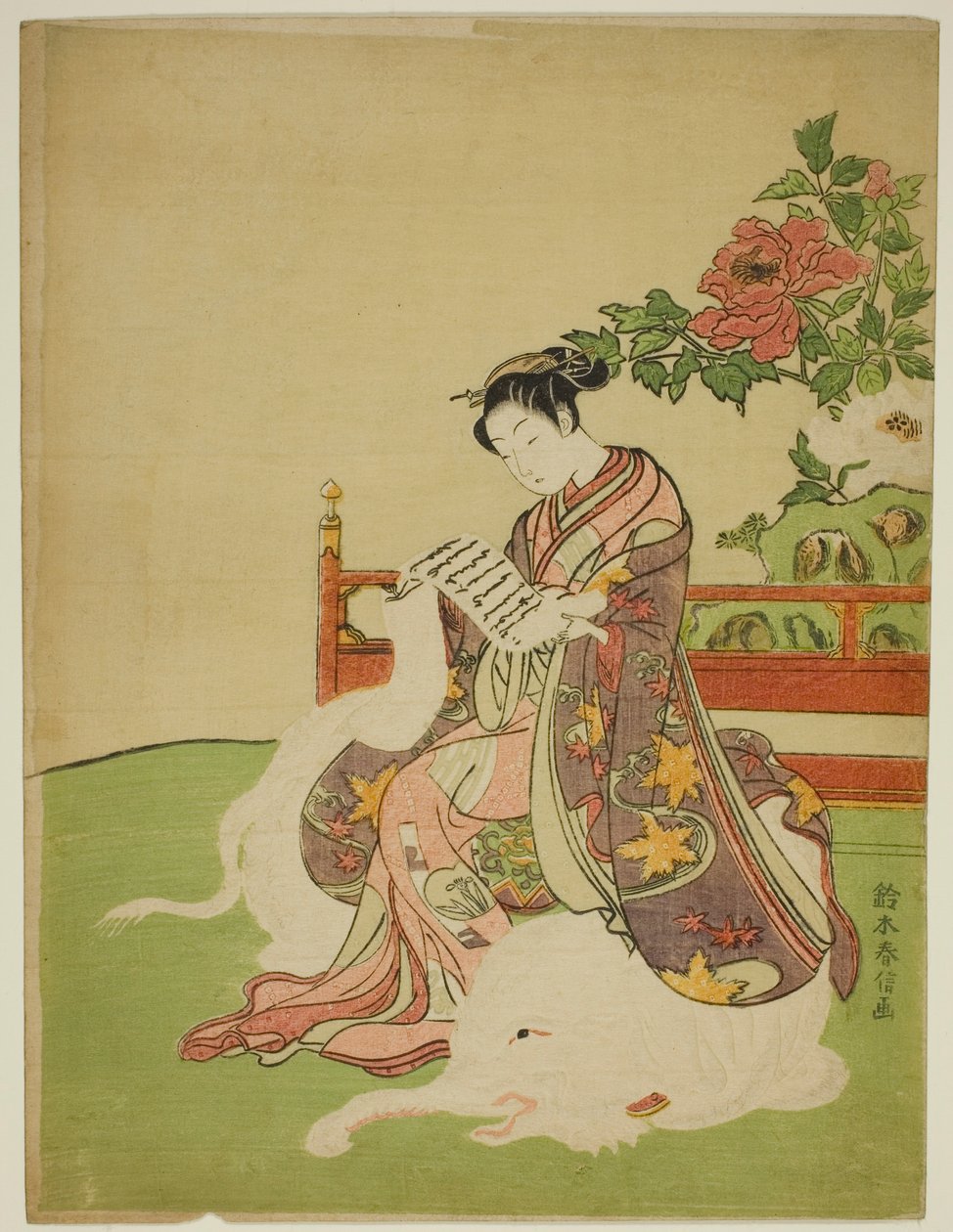 Joven sentada en un elefante blanco (parodia del Bodhisattva Fugen) de Suzuki Harunobu