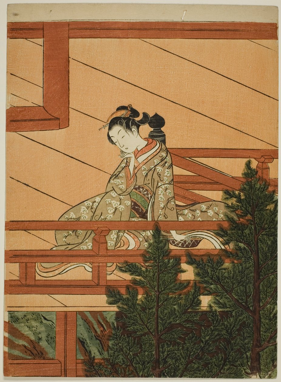 Joven Mujer Sentada en el Balcón del Templo Kiyomizu de Suzuki Harunobu