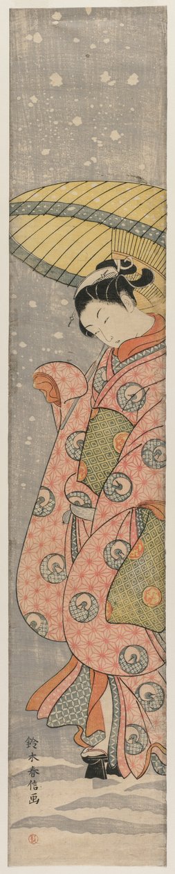 Joven de pie bajo un paraguas en la nieve, 1767-1768 de Suzuki Harunobu