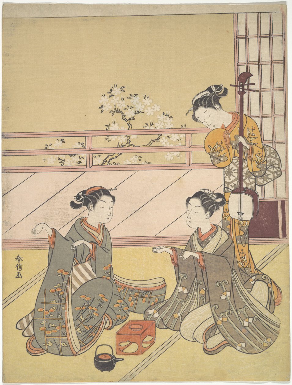 Jóvenes jugando al kitsune-ken (juego del zorro) de Suzuki Harunobu