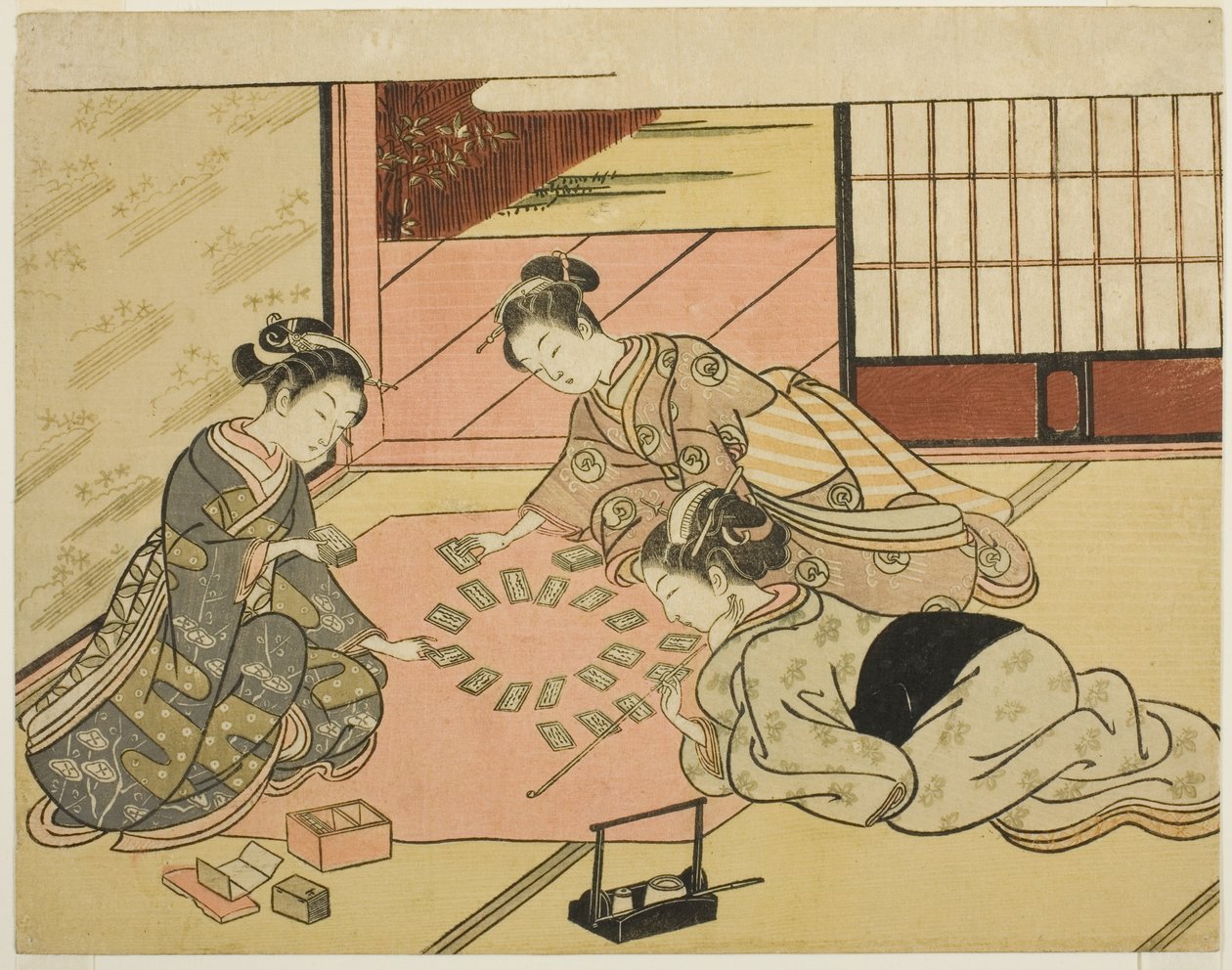 Jóvenes jugando a las cartas de poemas de Suzuki Harunobu