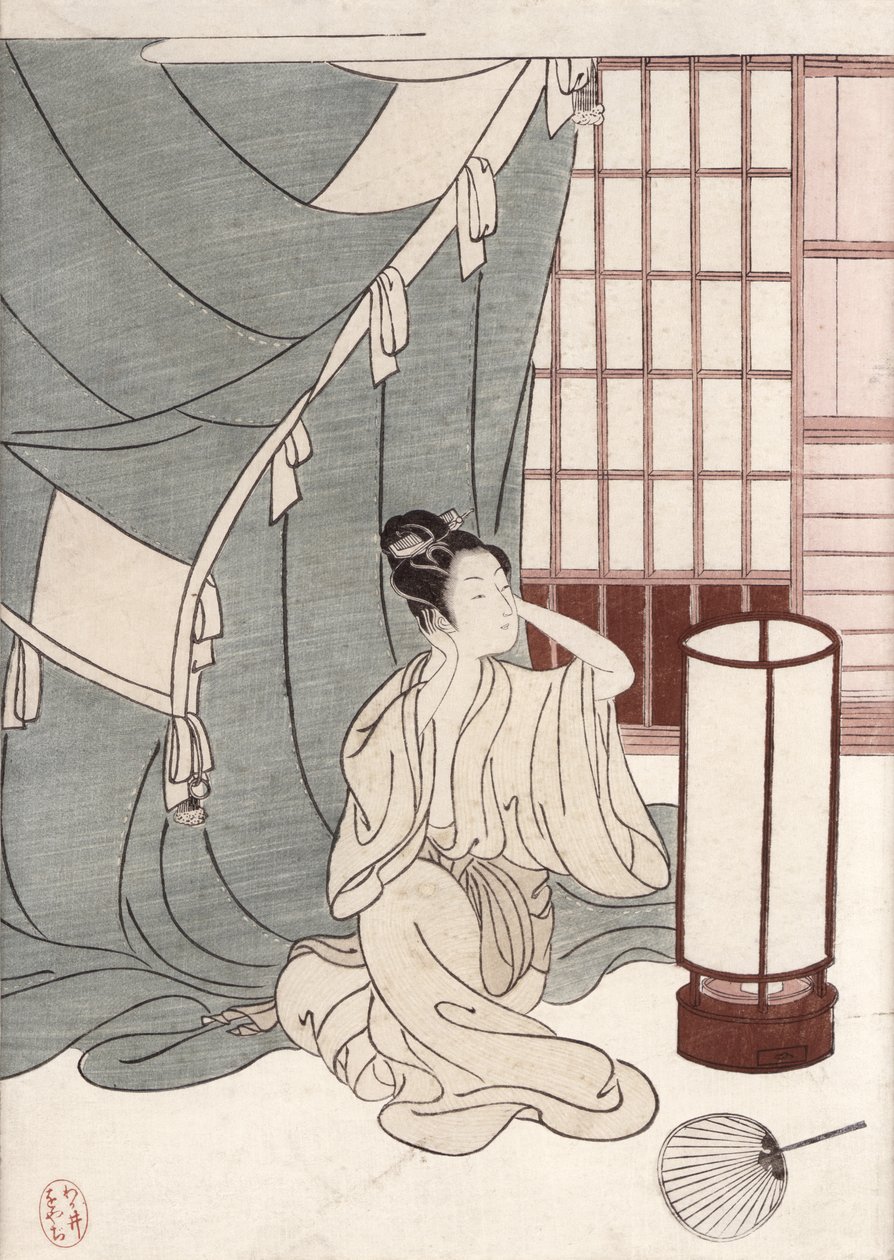 Joven arrodillada junto a su mosquitero, 1766 de Suzuki Harunobu