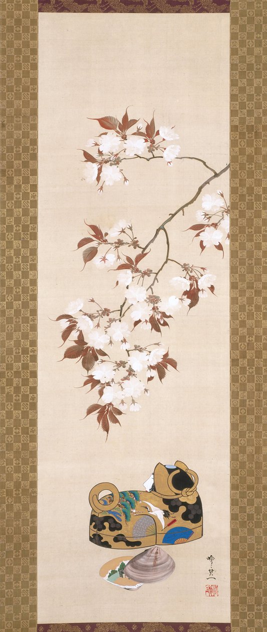 Cherries And Dog-Shaped Box (tinta, color y oro sobre seda) de Suzuki Kiitsu