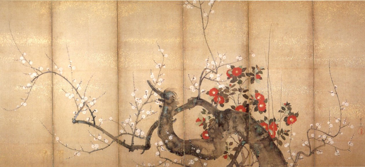 Ciruelo en flor y camelia de Suzuki Kiitsu