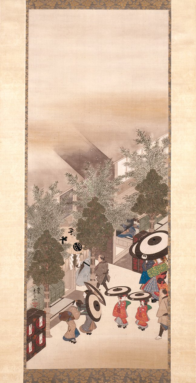 Yoshiwara y Shinagawa (tinta, color y oro sobre seda) de Suzuki Kiitsu