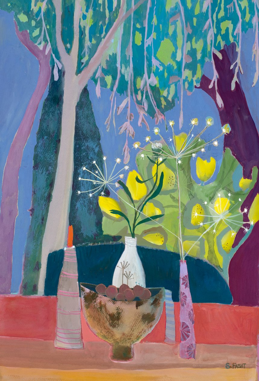 Naturaleza muerta con cuenco y tres jarrones con un fondo de árboles, 2018 (gouache) de Suzy Fasht