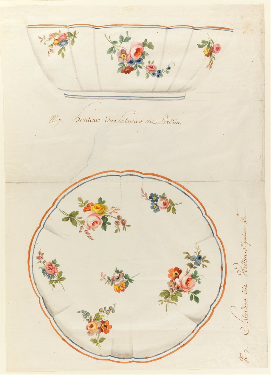 Diseño para un cuenco de ensalada de porcelana pintada con borde festoneado, para la Manufactura de Porcelana de Sèvres de Sèvres Porcelain Manufactory