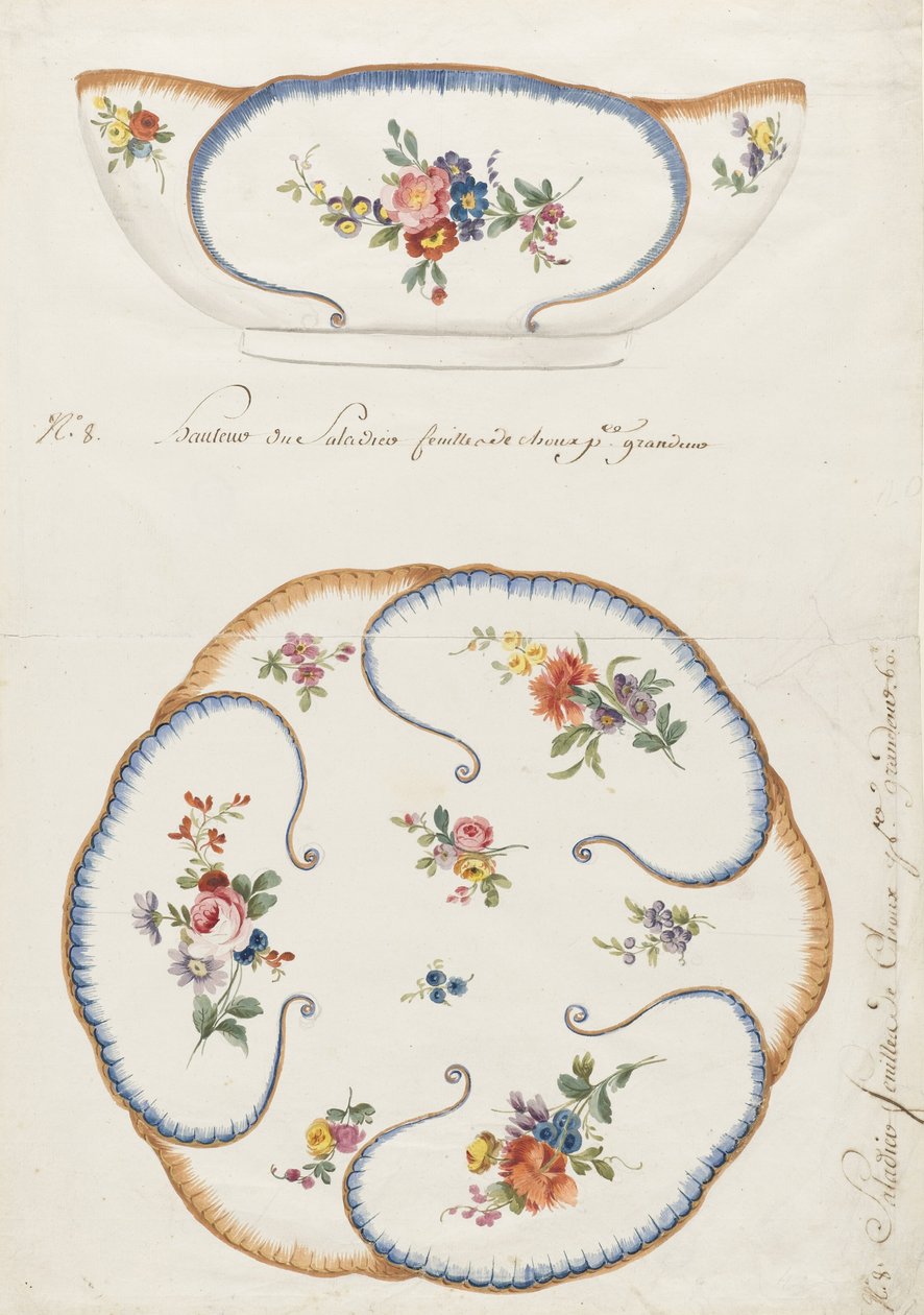 Diseño para un cuenco de ensalada de hoja de col de porcelana pintada, para la Manufactura de Porcelana de Sèvres de Sèvres Porcelain Manufactory