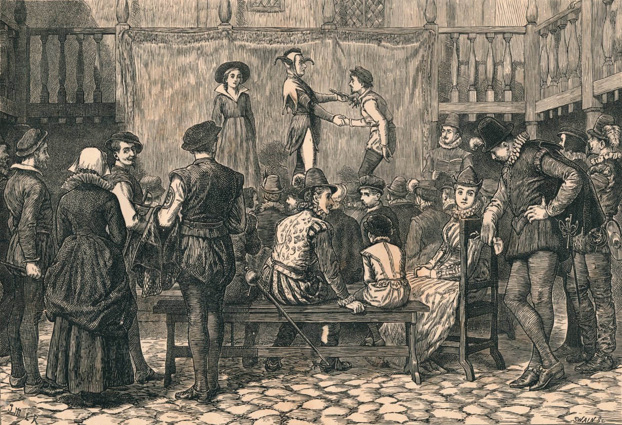 Una obra en un patio de una posada de Londres, en la época de la Reina Isabel, c1873 de Swain