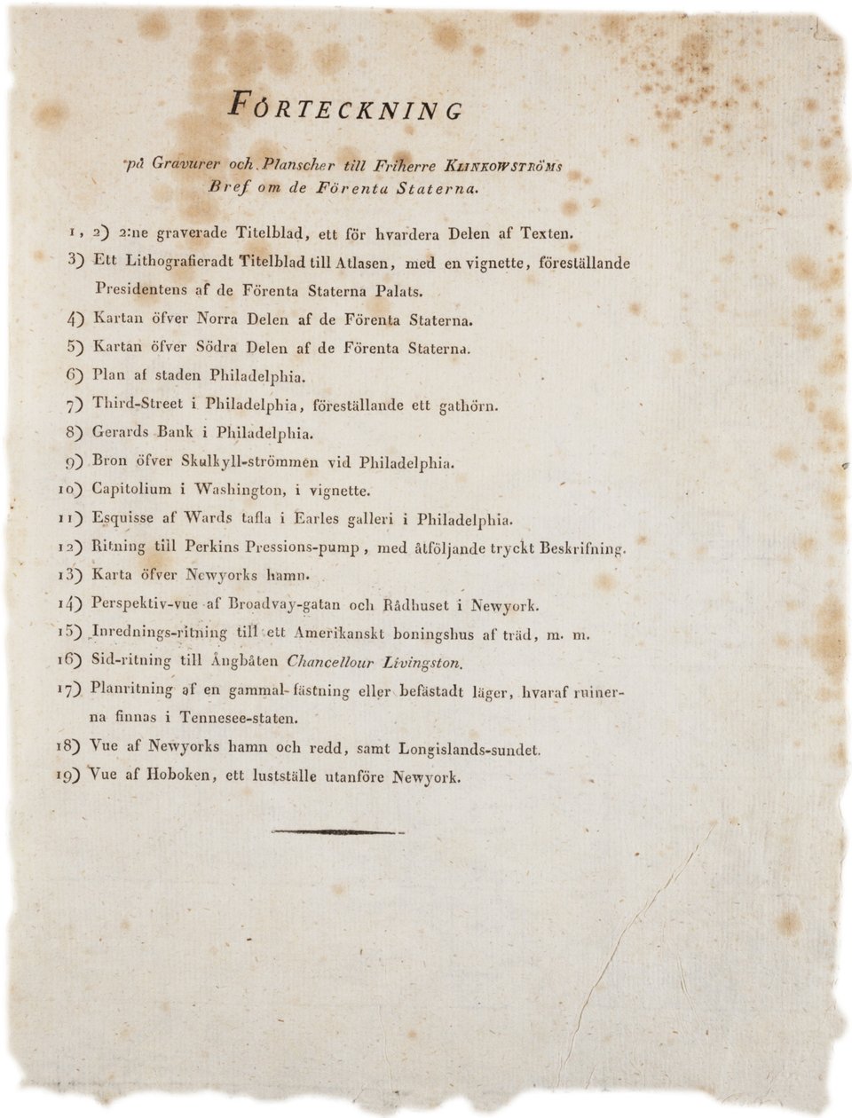 Lista de ilustraciones del Atlas de los Estados Unidos de Klinckowstrom, 1824 de Swedish School