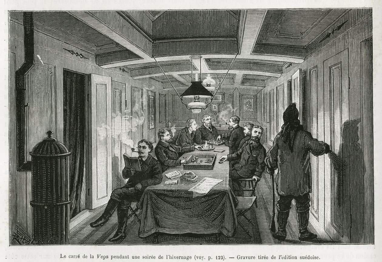 La plaza de La Vega, durante una noche de invierno, y las actividades de la tripulación: lectura, juegos de ajedrez y backgammon, así como degustación de licores. Grabado de la edición sueca, ilustración de la historia “Viaje de la Vega alrededor de Asia y de Swedish School