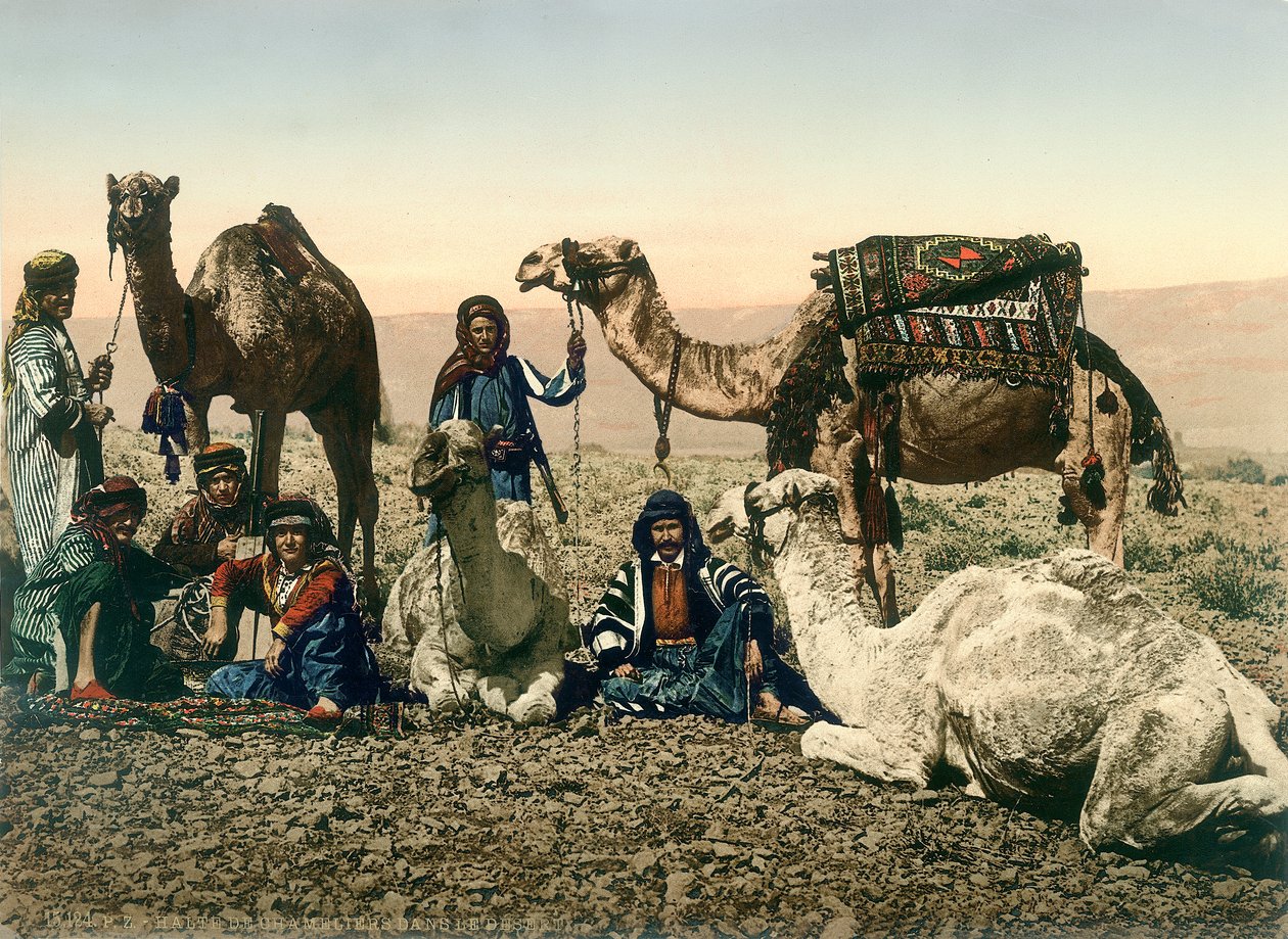 Viajeros occidentales vestidos como beduinos y sus guías con sus camellos en el Valle del Jordán, c.1880-1900 de Swiss Photographer