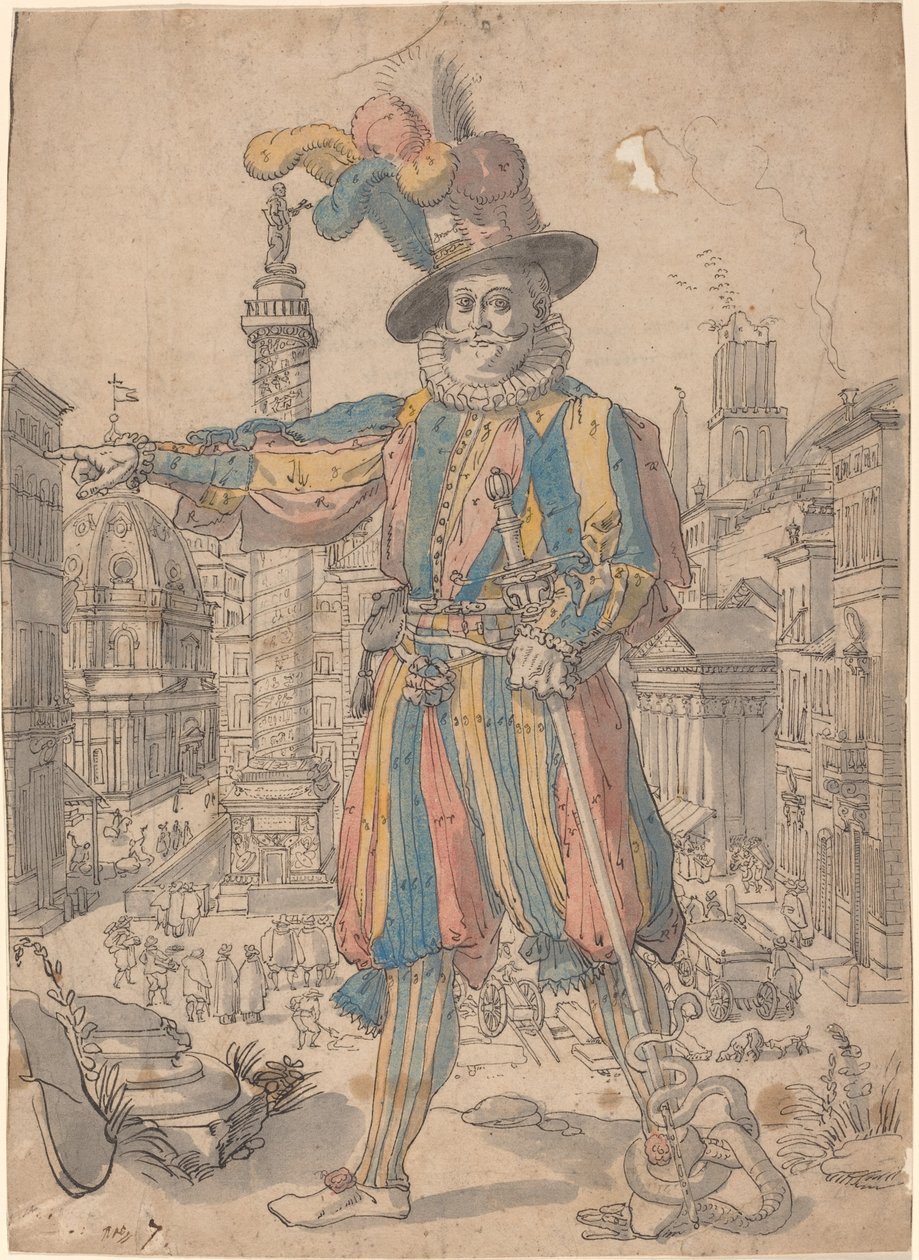 Giovanni Grosso de la Guardia Suiza ante una vista de Roma de Swiss 17th Century after Francesco Villamena