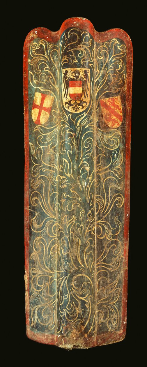 Un raro pavés suizo de madera cubierto con lienzo pintado de gesso con diseño de follaje verde en espiral y los escudos de armas de Habsburgo, la Liga de San Jorge y la ciudad de Winterthur, c.1445 de Swiss School