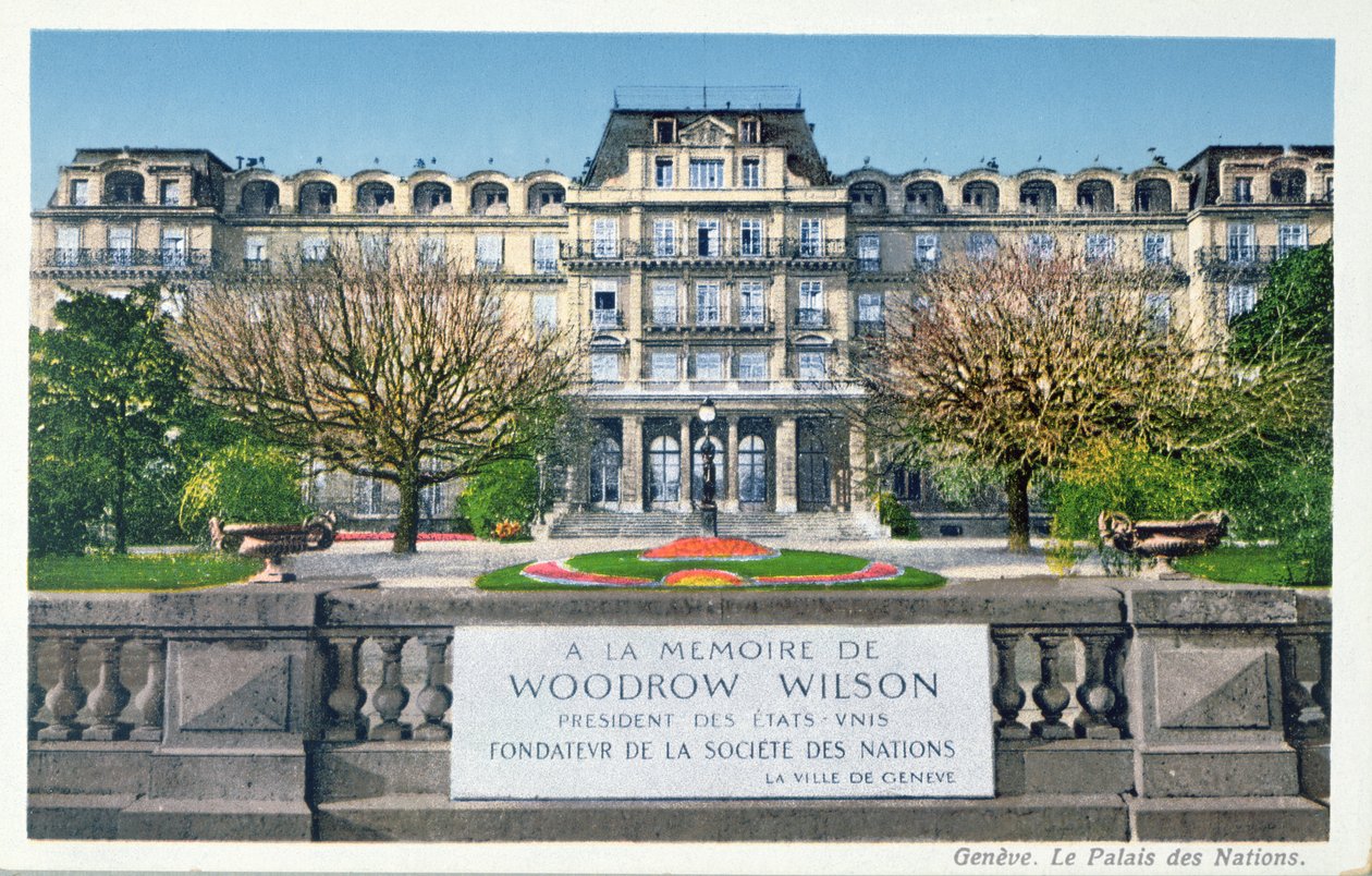 Postal del Palacio de las Naciones en Ginebra, postal c.1924 de Swiss School