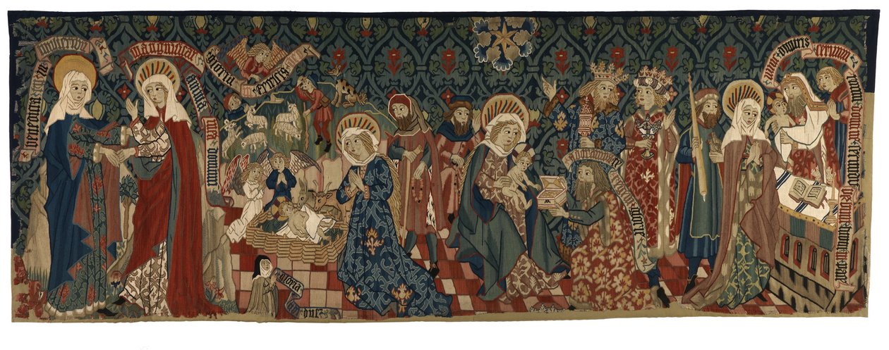 Tapiz dorsal que representa cuatro escenas de la Vida de la Virgen, de Basilea, c.1450-75 (lana e hilos de lino blanco) de Swiss School