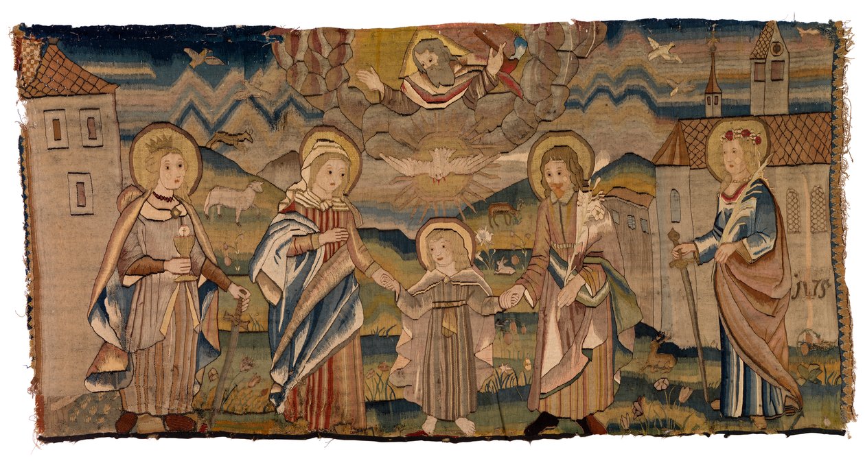 Panel de tapiz que representa a Santa Bárbara, la Virgen María, la Santísima Trinidad, San José y Santa Catalina o Encarnación con las Santas Bárbara y Catalina. de Swiss School