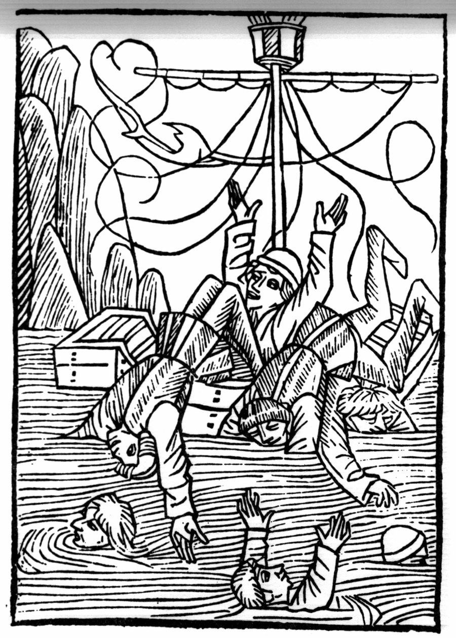 La leyenda de San Brendan (Brandan), héroe y santo irlandés del siglo VI. Los barcos se hunden en el mar de Cleves. Grabado de “Die Wunderbare Meerfahrt des Hl. Brandan”. Bale de Swiss School