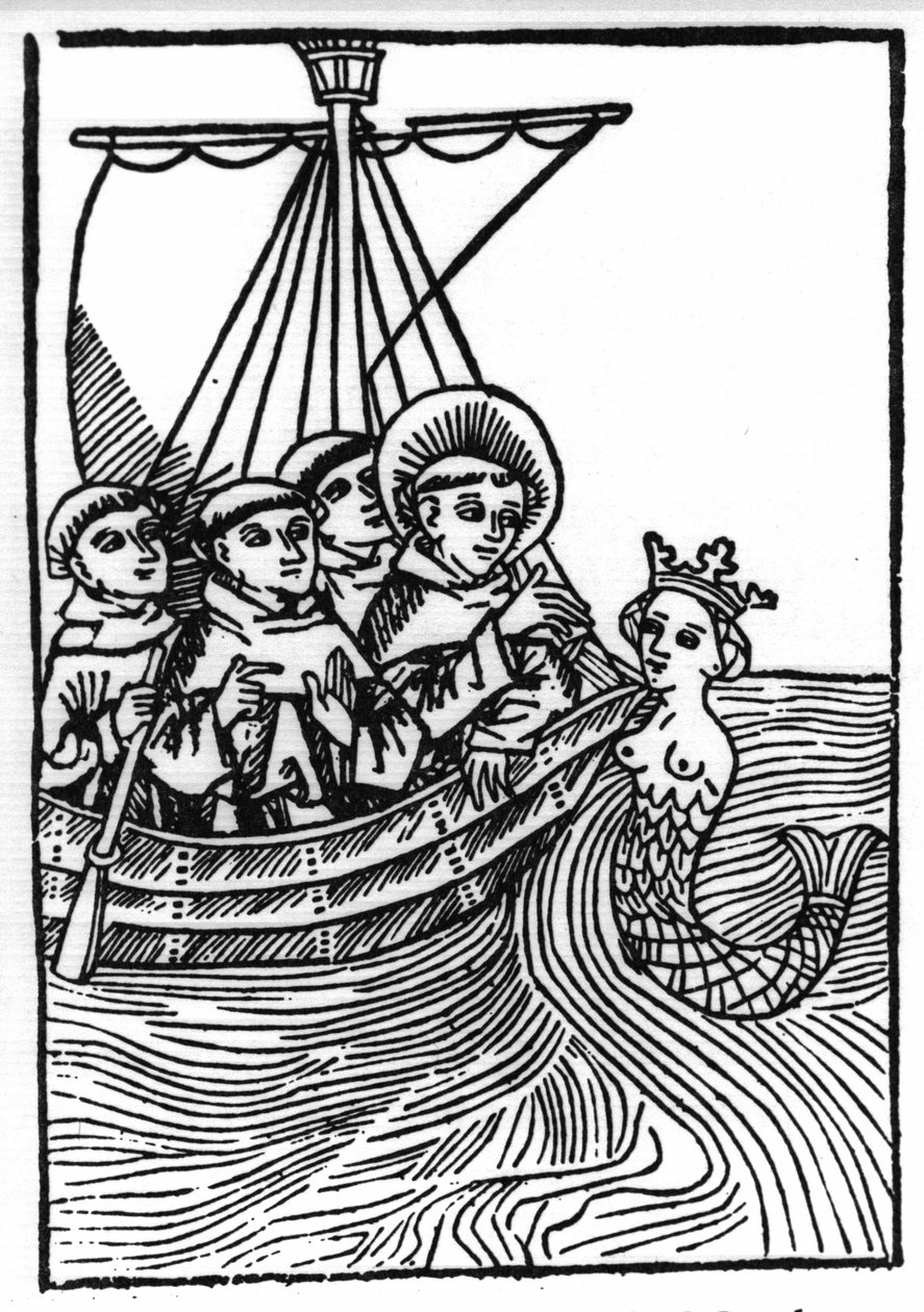 La leyenda de San Brendan, héroe y santo irlandés del siglo VI. El encuentro de San Brendan con la sirena. Grabado de "Die Wunderbare Meerfahrt des Hl. Brandan". Bale de Swiss School