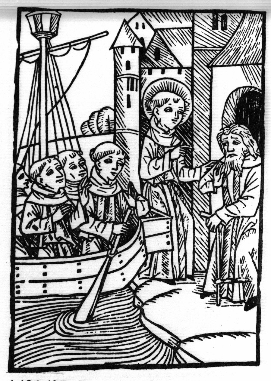 La leyenda de San Brendan (Brandan), héroe y santo irlandés del siglo VI. El santo se encuentra con el antiguo Haylbray y entiende que ha regresado a Escocia. Grabado de “Die Wunderbare Meerfahrt des Hl. Brandan.” Bale de Swiss School