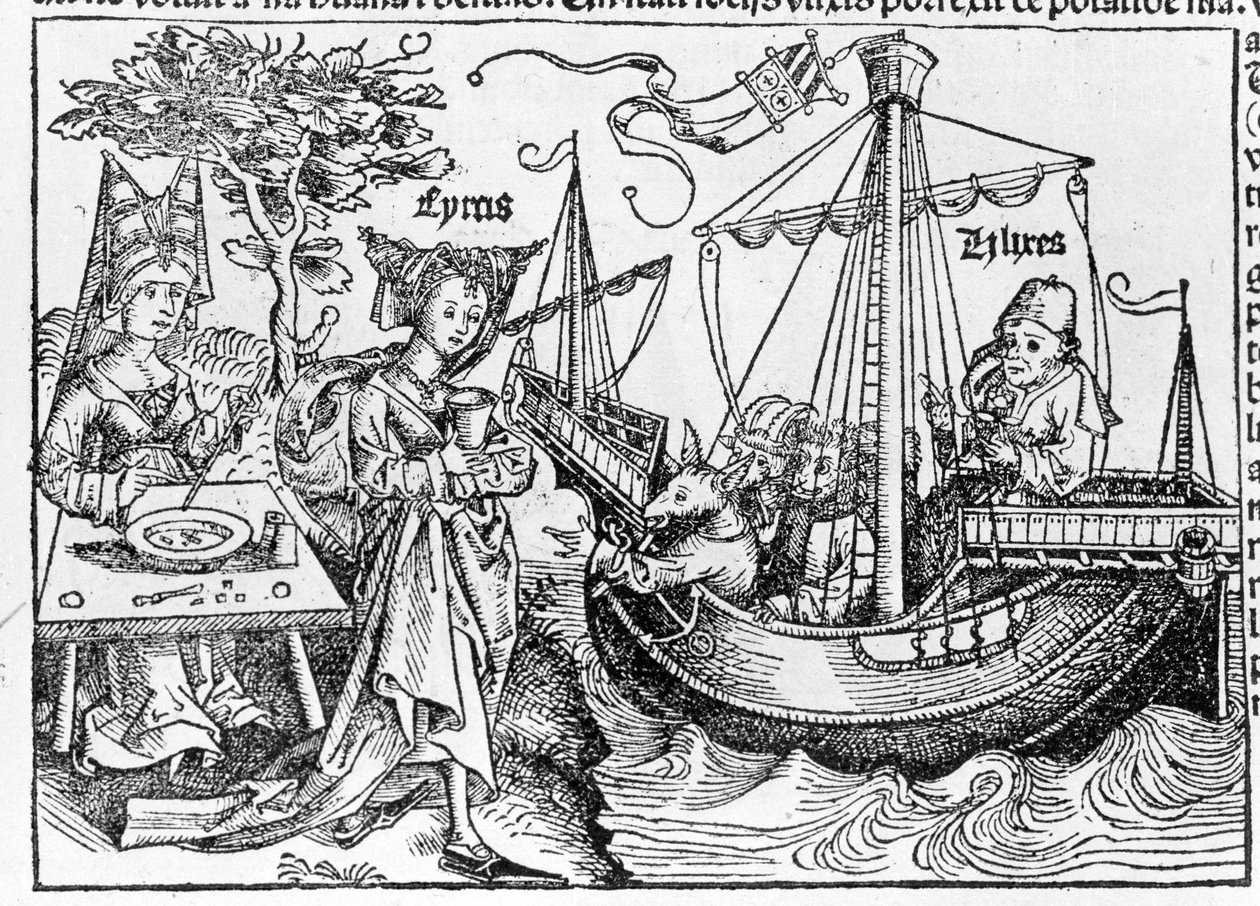 Ulises y sus compañeros transformados en cerdos por la maga Circe - en “Cosmographia” de Sebastian Munster, Basilea 1558 de Swiss School