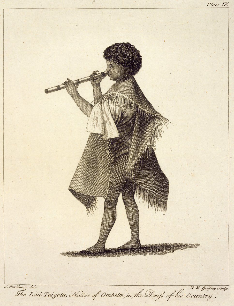 El joven Taiyota, nativo de Otaheite, en el vestido de su país, grabado por R.B. Godfrey, placa 9 del 