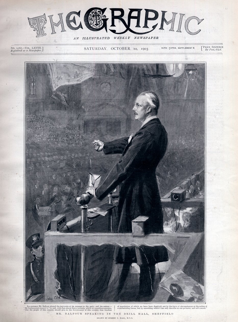 Arthur James Balfour (1848-1930) político y estadista británico hablando en el salón de ejercicios, Sheffield de Sydney Prior Hall