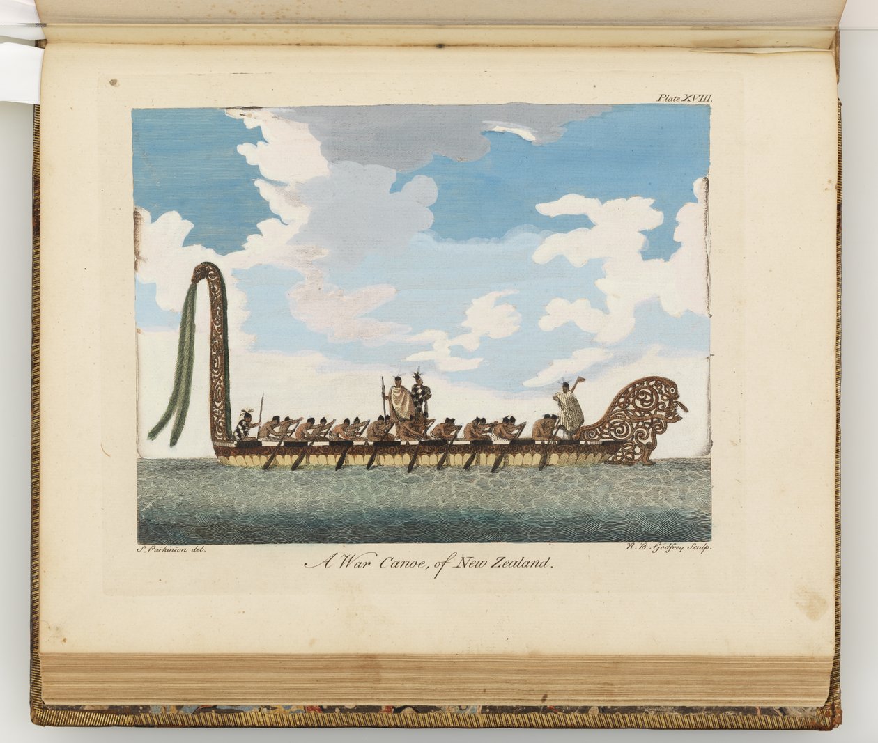 Una canoa de guerra de Nueva Zelanda, ilustración de Un diario de un viaje a los mares del sur: en el barco de Su Majestad, el Endeavour, 1794 de Sydney