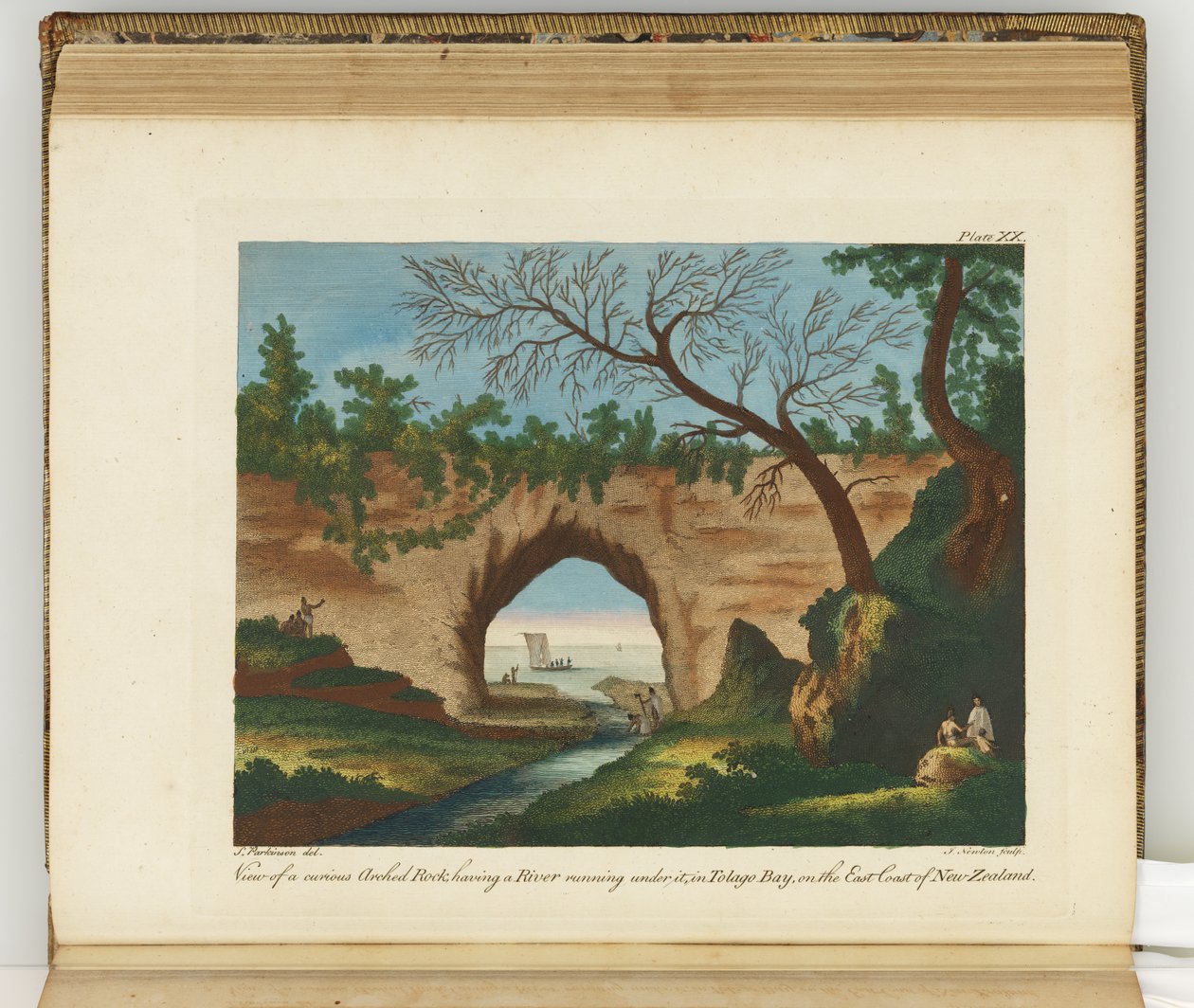 Vista de una curiosa roca arqueada, con un río corriendo debajo, Bahía Tolago, en la costa este de Nueva Zelanda, ilustración de Un diario de un viaje a los mares del sur: en el barco de Su Majestad, el Endeavour, 1794 de Sydney