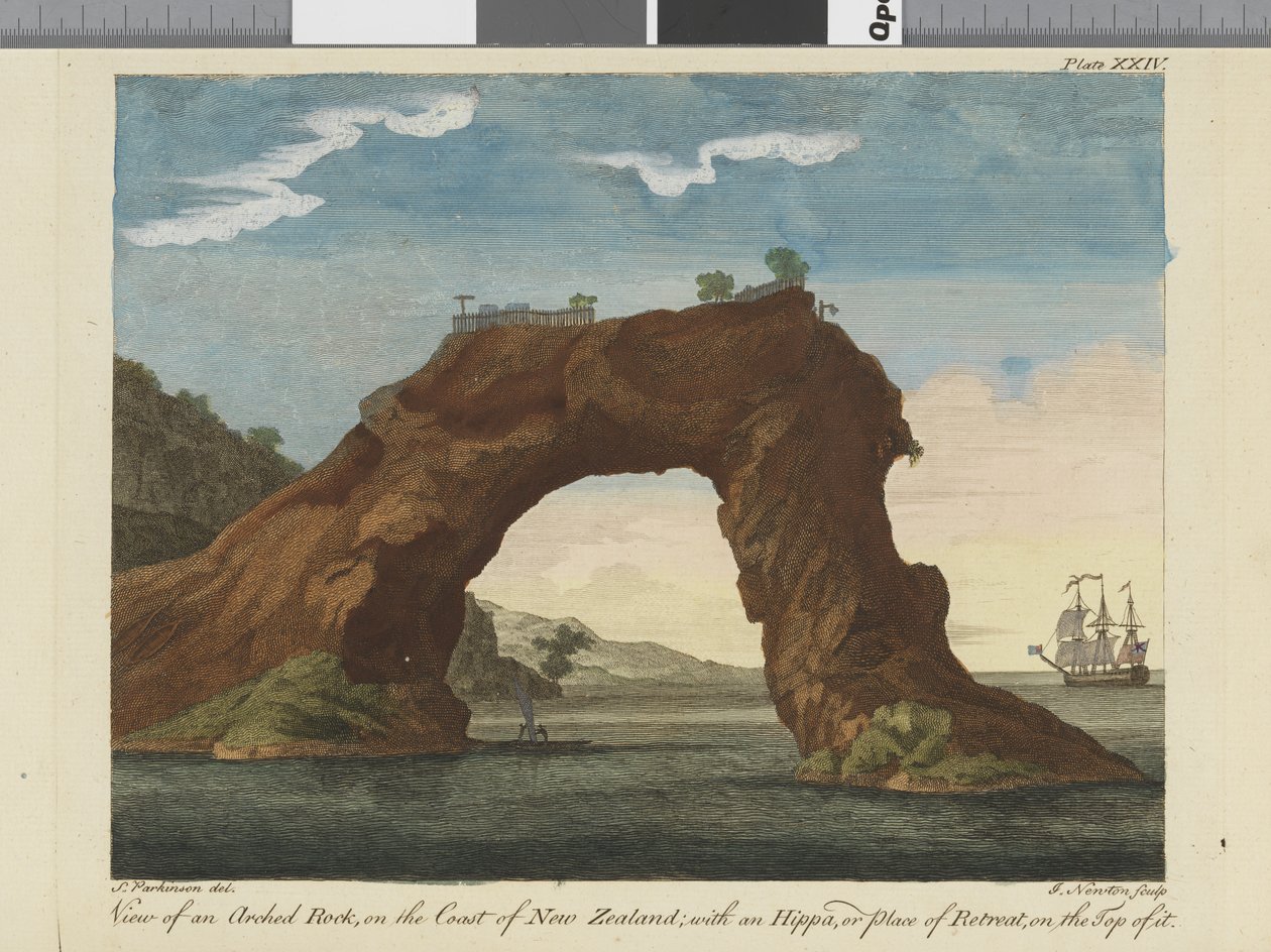 Vista de una roca arqueada, ilustración de Un diario de un viaje a los mares del sur: en el barco de Su Majestad, el Endeavour, 1794 de Sydney