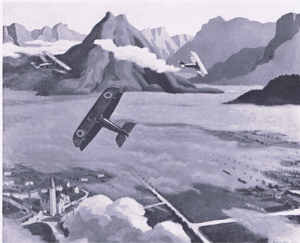 Exploradores británicos saliendo de su aeródromo en patrulla sobre el Plateau de Asiago, Italia, de Aventura Británica publicado por Collins, 1947 de Sydney Carline