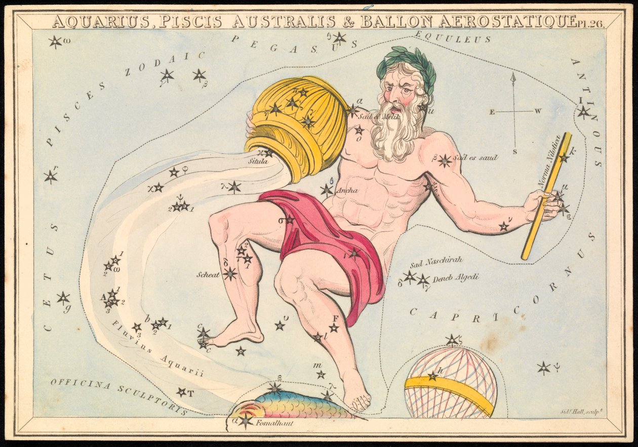 Aquarius, Piscis Australis y Ballon Aerostatique, c.1825 (cartulina, papel, tejido) de Sydney Hall