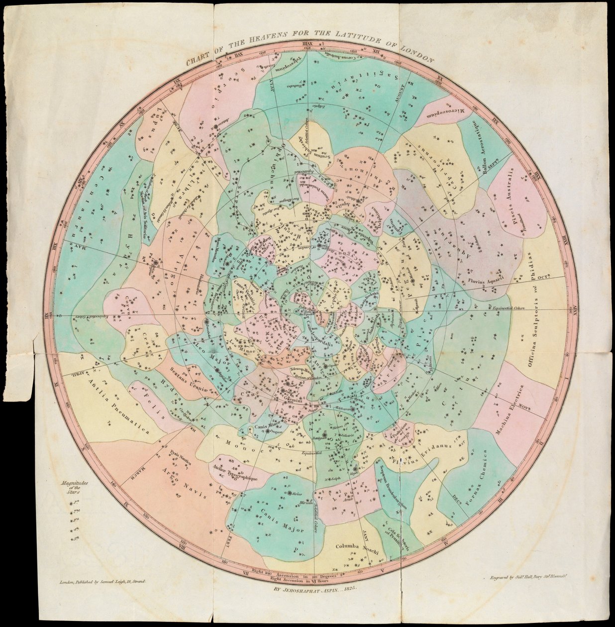 Carta de los cielos para la latitud de Londres, Espejo de Urania o una vista de los cielos, c.1825 (cartulina, papel, tisú, grabado) de Sydney Hall