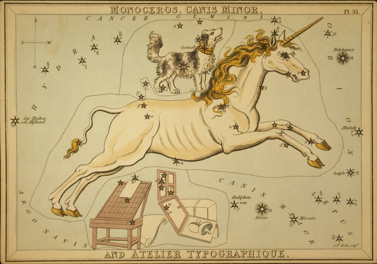 Monoceros, Canis Minor y Atelier Typographique, ilustración de 